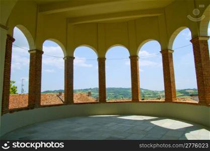 View of landscape from inside a tower of a castle