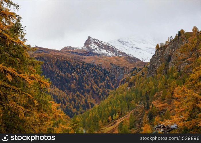 View of landscape snow alp mountain in autumn at swiss