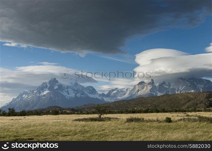 View of landscape with mountains, Torres del Paine National Park, Patagonia, Chile