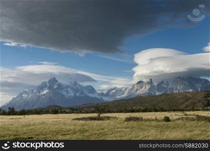 View of landscape with mountains, Torres del Paine National Park, Patagonia, Chile