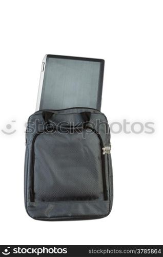 View of laptop computer and carry case isolated on white