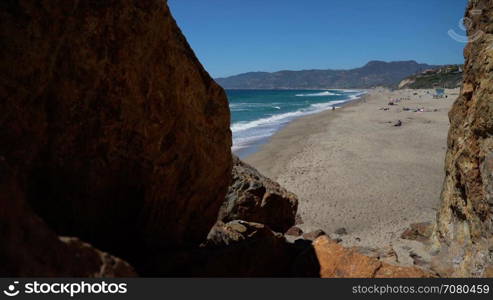 View of large rocks and beach at Point Dume