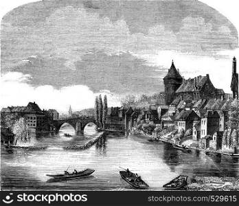View of Laval, head of the department of Mayenne, vintage engraved illustration. Magasin Pittoresque 1847.