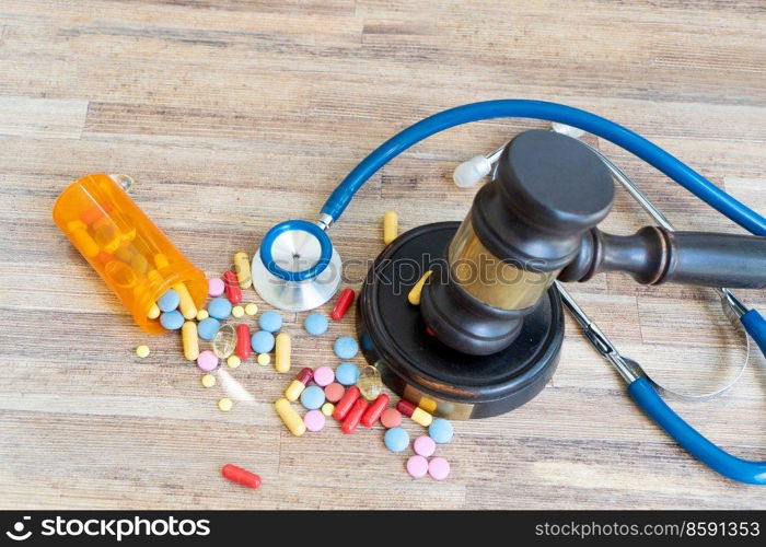 view of law gavel with pills over wooden table, medical law concept. medical law concept