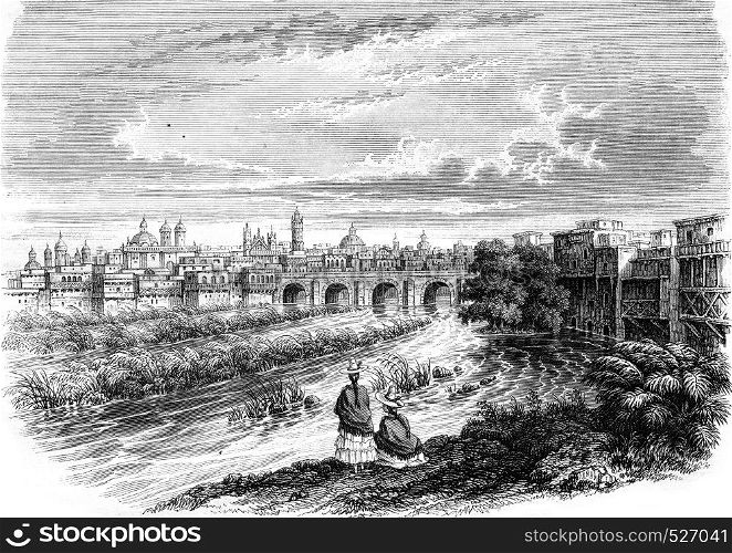 View of Lima, capital of Peru, vintage engraved illustration. Magasin Pittoresque 1846.