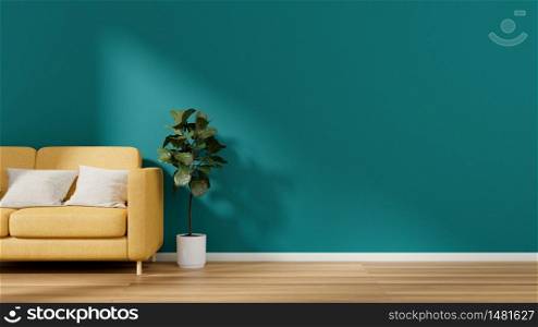 View of living room in minimal style with yellow sofa and fiddle fig on laminate floor with empty wall background. 3d rendering.