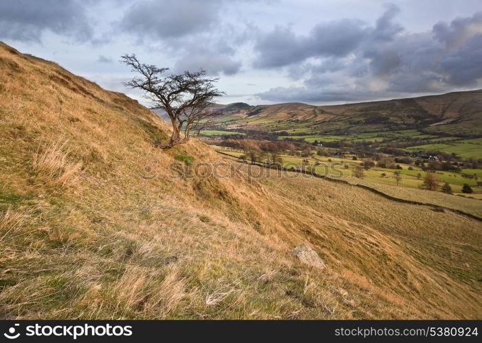 View of Mam Tor from lower heights of Kinder Scout in Peak District National Park