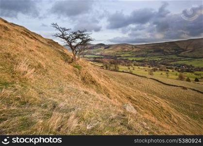 View of Mam Tor from lower heights of Kinder Scout in Peak District National Park