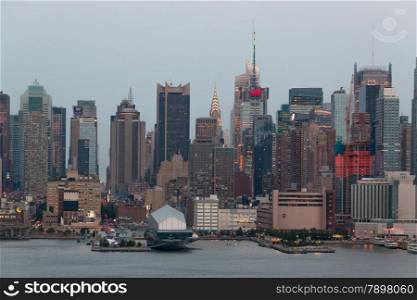 View of Manhattan skyline with densely packed skyscrapers