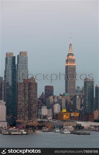 View of Manhattan skyline with densely packed skyscrapers