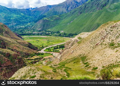 View of Maras in the Sacred Valley of the Incas in Peru