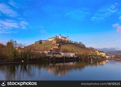 View of Marienberg Fortress in the sunny day, Bavaria, Germany. Wurzburg, Franconia, Northern Bavaria, Germany