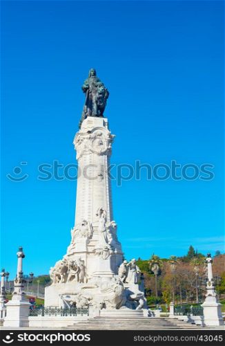 View of Marques do Pombal statue in Lisbon, Portugal &#xD;