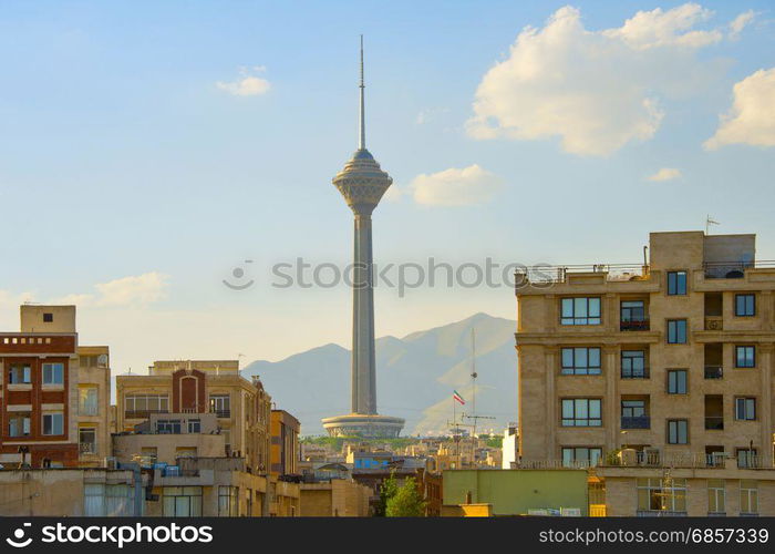 View of Milad Tower and apartment buildings in Tehran, Iran