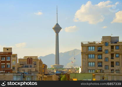 View of Milad Tower and apartment buildings in Tehran, Iran
