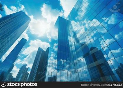 View of modern business skyscrapers glass and sky view landscape of commercial building. Generated AI