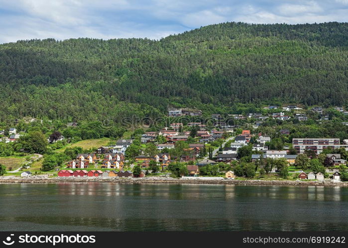 View of Molde city and mountain seen from the sea, Norway. City of Molde seen from the sea, Norway