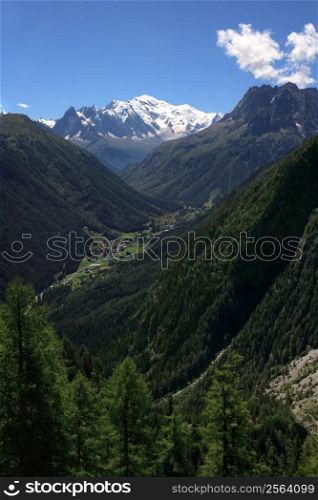 View of Mont Blanc and Bouqui Gorges from the Switzerland side. Taken from a train that travels from Le Chatelard to Pied du barrage.