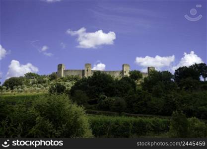 View of Monteriggioni, medieval town surrounded by walls in Siena province, Tuscany, Italy