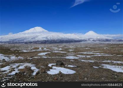 View of mount Ararat; both great Ararat and little Ararat from Turkey