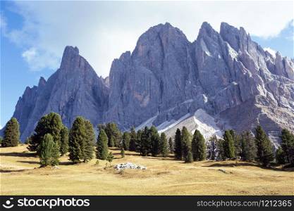 view of mountain landscape. puez odle nature park. Val Gardena to AltaBadia. Italy.