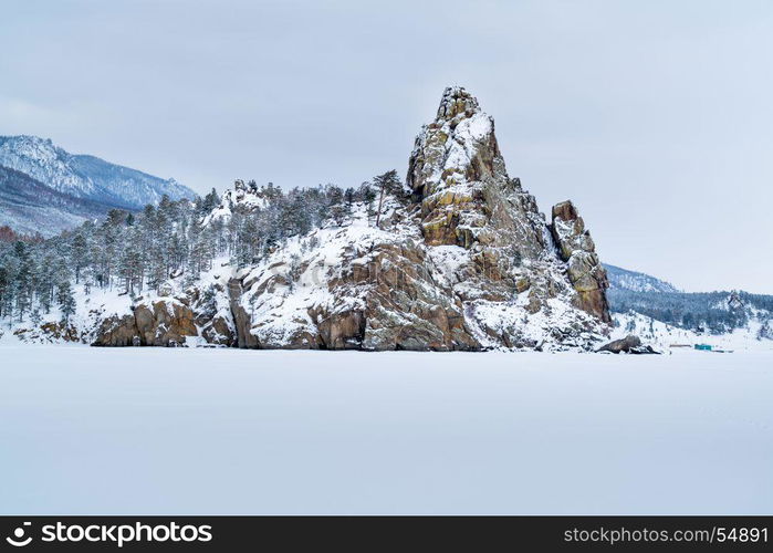 View of mountains at Lake Baikal in the winter