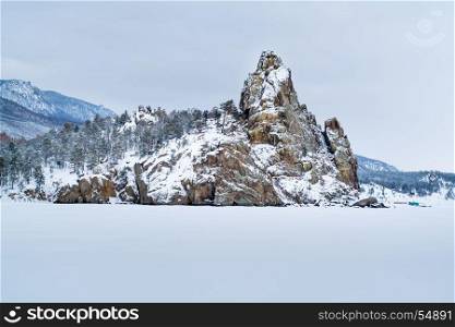 View of mountains at Lake Baikal in the winter