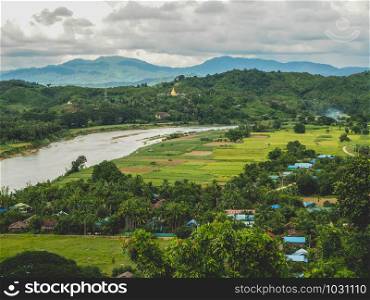 View of mountains, rivers and trees. in myanmar