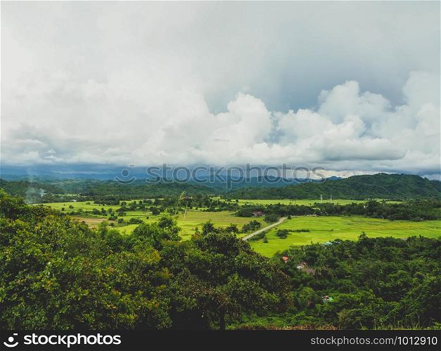 View of mountains, rivers trees and village in myanmar