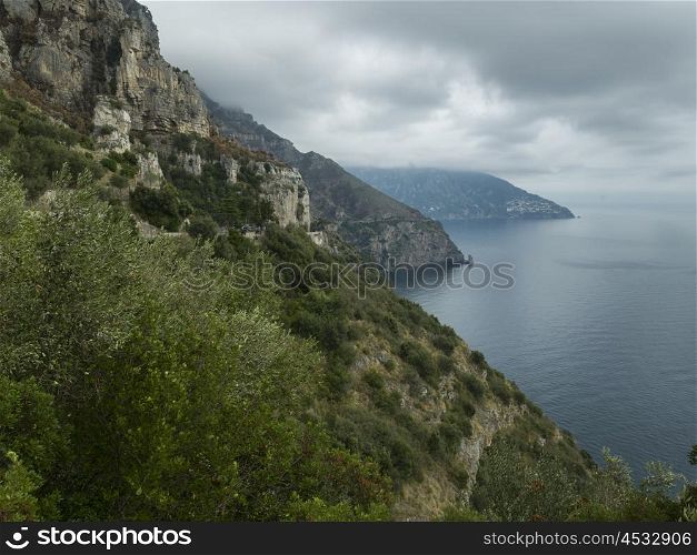 View of mountainside along coastline, Amalfi Coast, Salerno, Campania, Italy