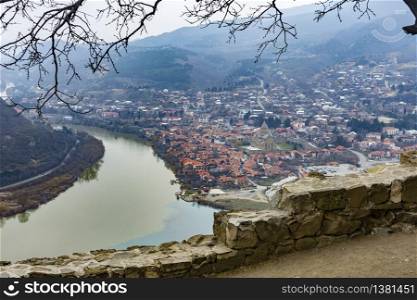 View of Mtskheta ancient capital of Georgia from Jvari monastery in early spring