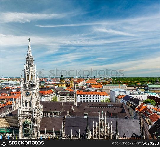 View of Munich Marienplatz, Neues Rathaus and Frauenkirche from St. Peter&#39;s church. Munich, Germany