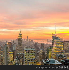 View of New York Manhattan during sunset hours