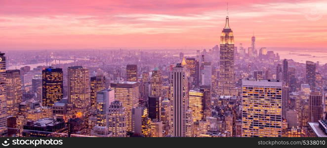 View of New York Manhattan during sunset hours