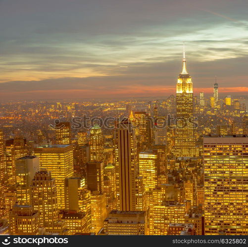 View of New York Manhattan during sunset hours