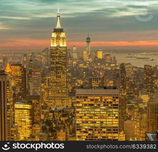 View of New York Manhattan during sunset hours