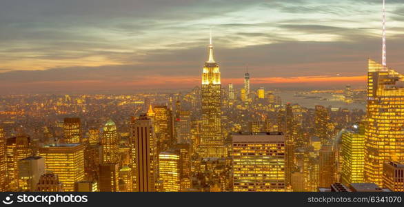 View of New York Manhattan during sunset hours