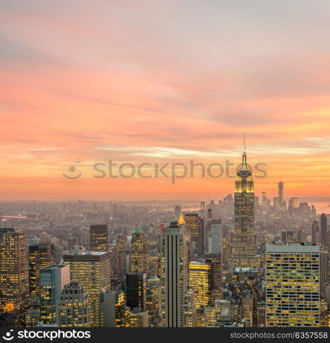 View of New York Manhattan during sunset hours