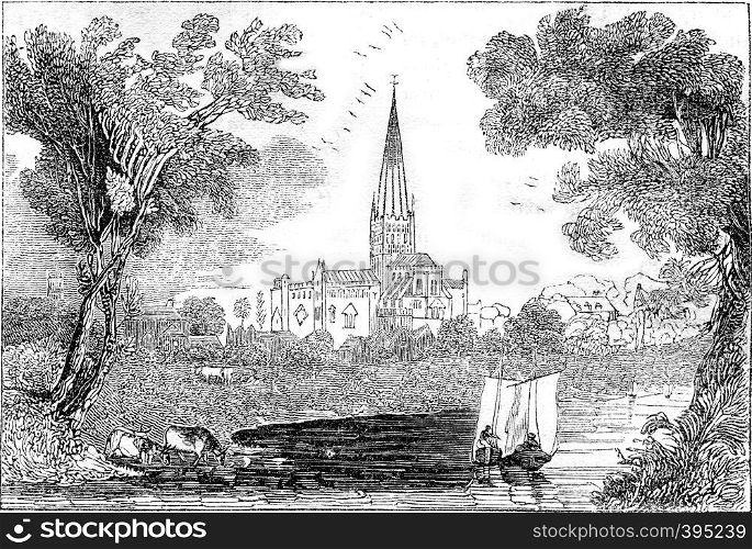 View of Norwich Cathedral, vintage engraved illustration. Colorful History of England, 1837.