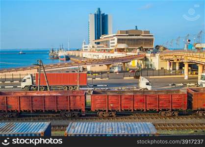 View of Odessa sea terminal. Railroad and trucks on foreground. Ukraine