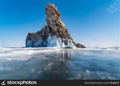 View of Ogoy Island in Lake Baikal, Russia during winter