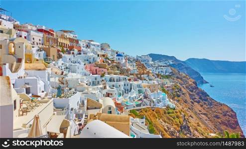 View of Oia town in Santorini island on sunny summer day, Greece -- Greek landscape