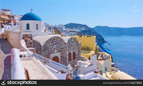 View of Oia town in Santorini island with old greek church , Greece -- Greek landscape