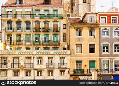 View of old european block of flats with balconies, Portugal. European dwelling house