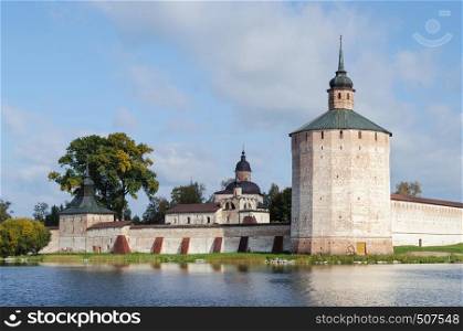 View of old Kirillo-Belozersky monastery. Corner Forge tower. View from the Siversky Lake. Vologda region, Russia.