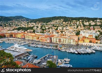 View of Old Port of Nice with luxury yacht boats from Castle Hill, France, Villefranche-sur-Mer, Nice, Cote d&rsquo;Azur, French Riviera. View of Old Port of Nice with yachts, France