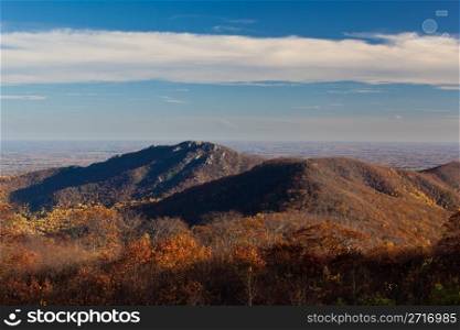 View of Old Rag in Shenandoah from Skyline drive in the late fall as the sun is low in the sky