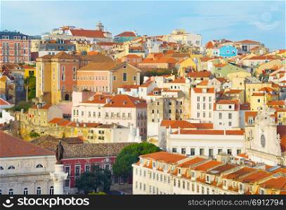 View of Old Town of Lisbon with monument of the king Pedro IV. Portugal