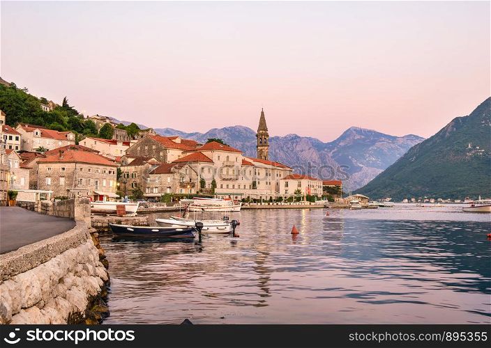 View of Old Town of Perast at summer sunset, Montenegro. View of evening Perast