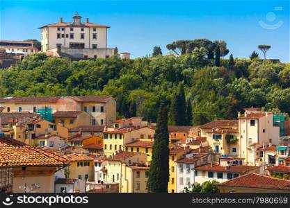 View of Oltrarno and Forte di Belvedere on the south bank of the River Arno, at morning from Palazzo Vecchio in Florence, Tuscany, Italy